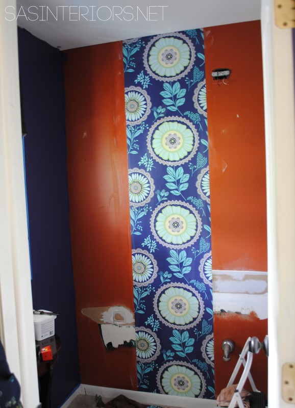Powder Room Remodel: Patching holes and hanging wallpaper - Follow along on this bold transformation #powderroomremodel