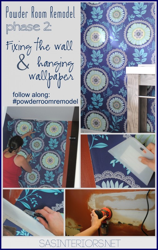 owder Room Remodel: Patching holes and hanging wallpaper - Follow along on this bold transformation #powderroomremodel
