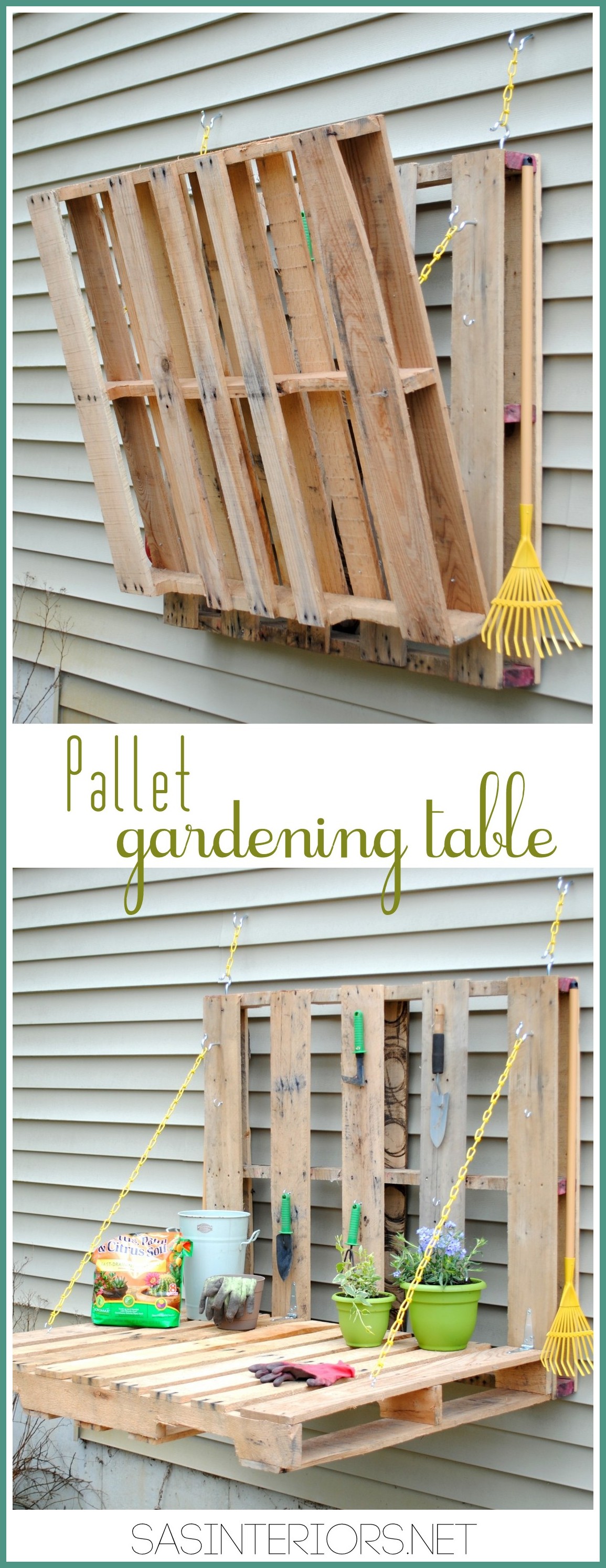 #DIY: Vertical Pallet Gardening Table - No more gardening on the ground with a hurt back. Create a garden table for less than $10. Created by @Jenna_Burger of WWW.JENNABURGER.COM