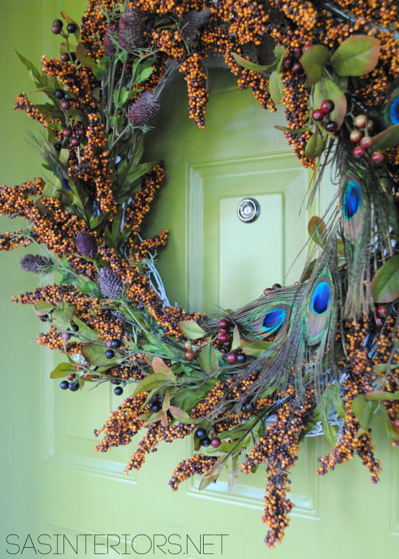 Autumn Wreath with Plum + Peacock Accents by @Jenna_Burger, sasinteriors.net