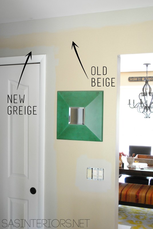 Old Beige, New Greige - Paint Color: Benjamin Moore Gallery Buff on the walls of the foyer