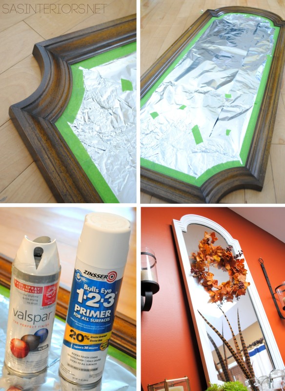 MIrror before and after - $5 fix with white spray paint by @Jenna_Burger, WWW.JENNABURGER.COM