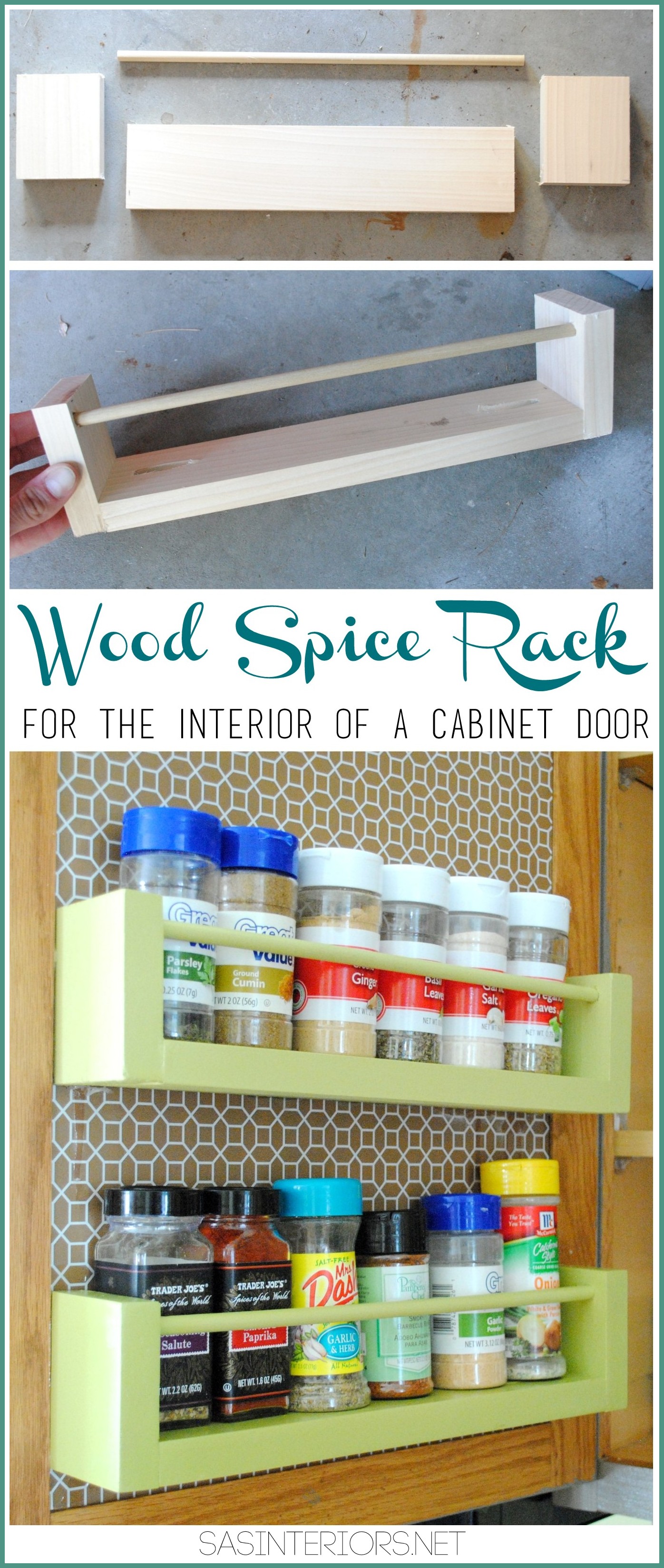 DIY: Wood Spice Rach Holder for inside the kitchen cabinets; Less than $8 to make, in 15 minutes by @Jenna_Burger, WWW.JENNABURGER.COM