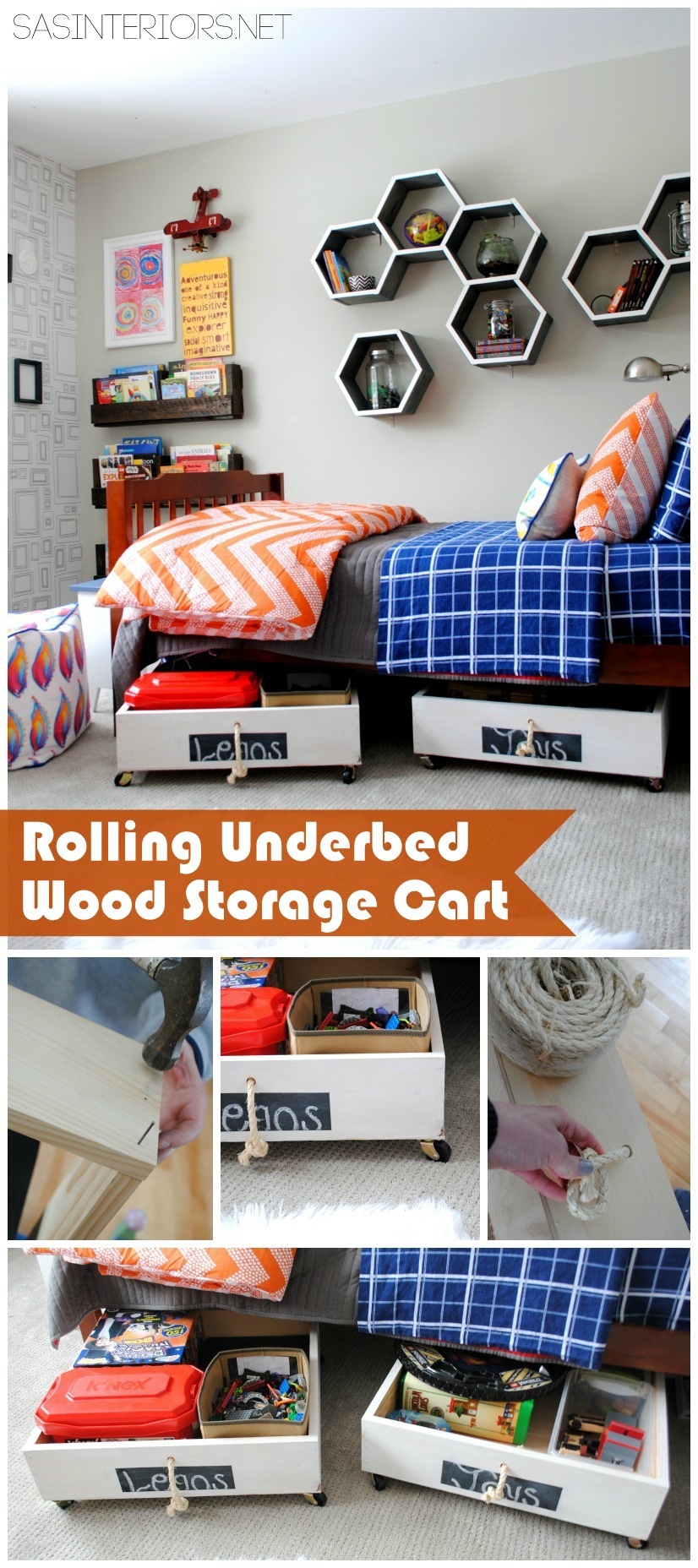 DIY Tutorial for a Rolling Underbed Wood Storage Cart! The perfect solution for holding toys + stuff. Less than $10 to make compared to $40+ to buy!