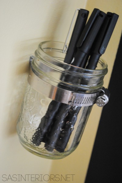 Simple DIY Glass Jar Pen Holder using a one dollar pipe clamp! Super easy to create & can be used anywhere around the house! 