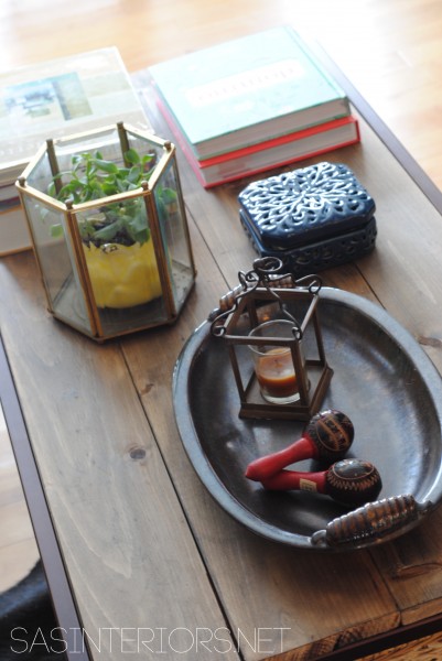 DIY: Modern to Industrial-Style Coffee Table.  Easy upgrade by removing glass and adding stained wood planks.  By @Jenna_Burger, sasinteriors.net