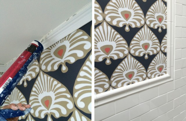 Bathroom Remodel: DIY bathroom makeover in 30 days. This phase of the project is installing wallpaper. Check out the details + the before & after NOW