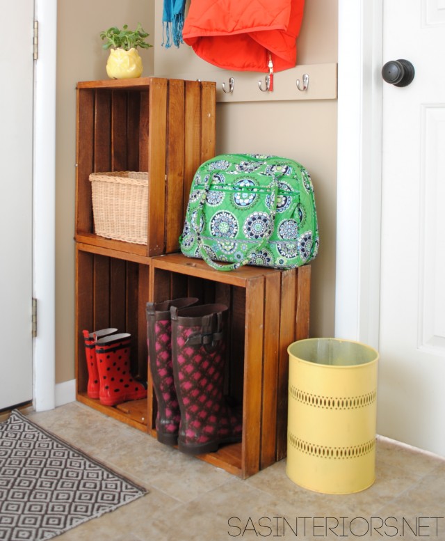 Easy Entry Upgrade with DIY built-in coat hooks and wooden crates via @Jenna_Burger, www.sasinteriors.net