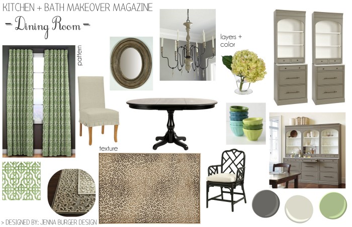 The mood board for the proposed kitchen & dining room featured on the Spring 2015 cover of Kitchen + Bath Makeovers magazine