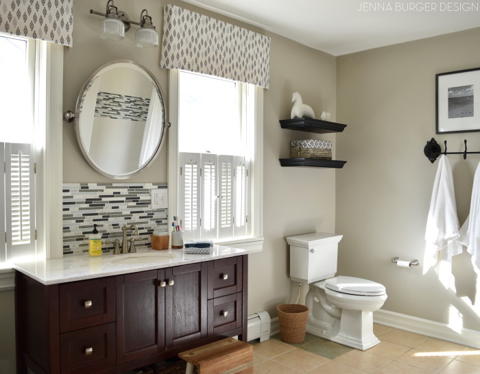 Budget BATHROOM RENOVATION Reveal: Before + After of this cool-toned cottage style bathroom by www.JennaBurger.com