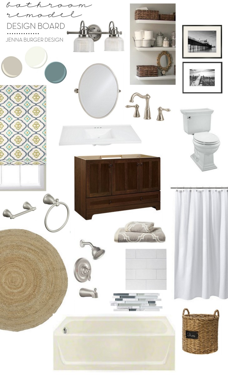 Design Board for the Budget BATHROOM RENOVATION Reveal: Before + After of this cool-toned cottage style bathroom by www.JennaBurger.com 
