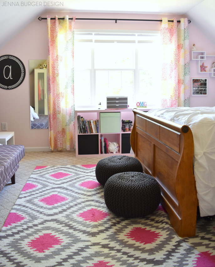 Teen Bedroom Makeover: Splashes of Pink mixed with shades of gray + a pop of citrine. This bedroom revamp was made into a teen hangout oasis. Be inspired by all the storage + new look! Design by www.JennaBurger.com