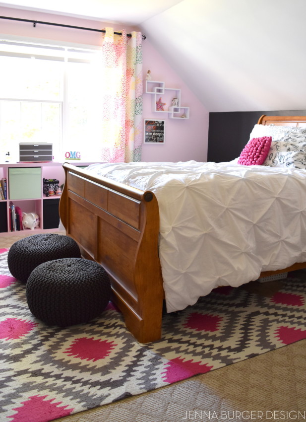 Teen Bedroom Makeover: Splashes of Pink mixed with shades of gray + a pop of citrine. This bedroom revamp was made into a teen hangout oasis. Be inspired by all the storage + new look! Design by www.JennaBurger.com