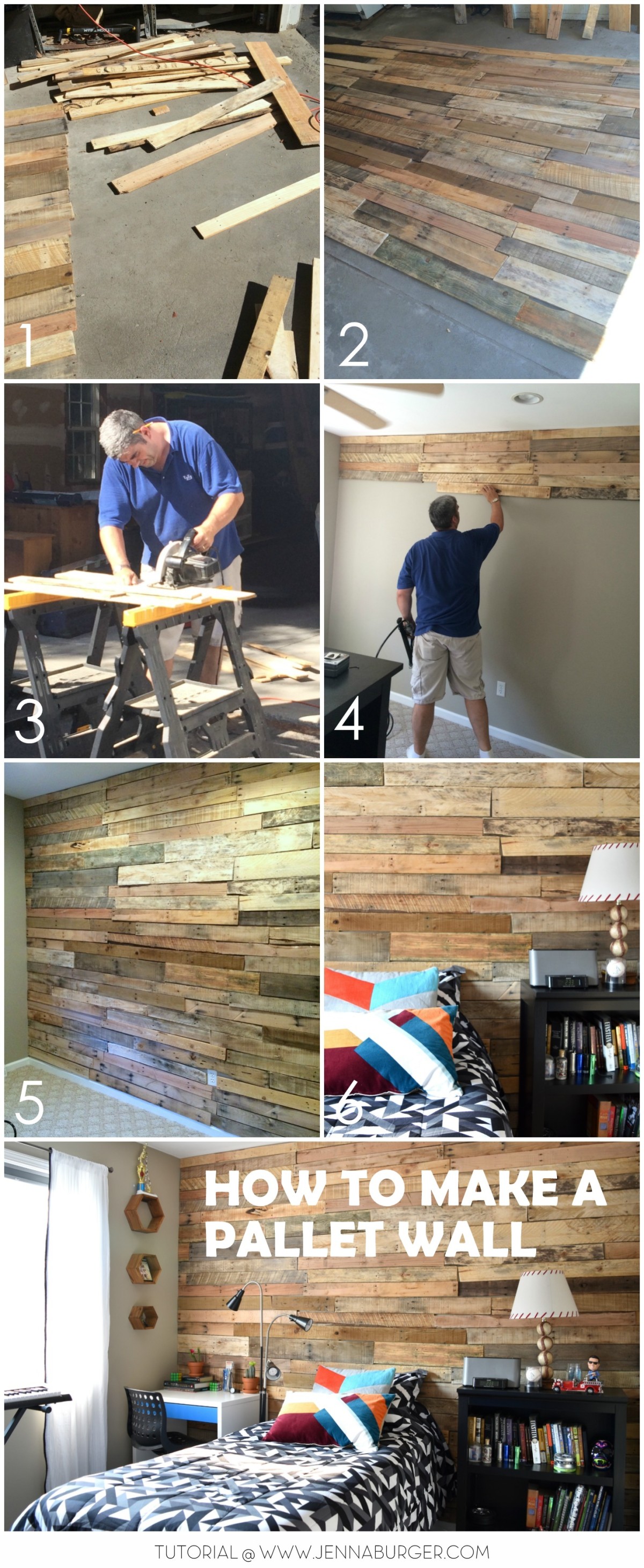 DIY Tutorial for how-to build a pallet wall to create a rustic + warm feel to a space. Lots of labor BUT FREE! Tutorial @ www.JennaBurger.com