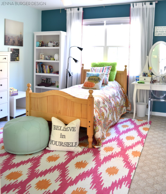 Teen Room Makeover with colors of mint, turquoise, and fuchsia + layers of texture and vibrant patterns. Design by JennaBurger.com