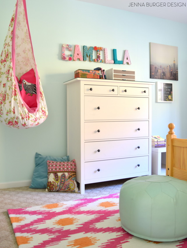 Teen Room Makeover with colors of mint, turquoise, and fuchsia + layers of texture and vibrant patterns. Design by JennaBurger.com