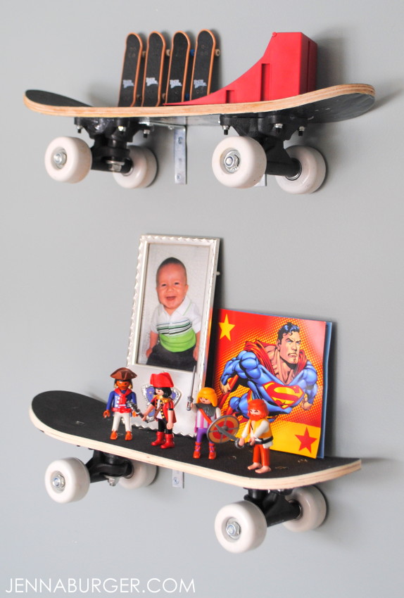 DIY: Skateboard Shelves - perfect for a boys room, young or old! Super easy to hang & totally rad