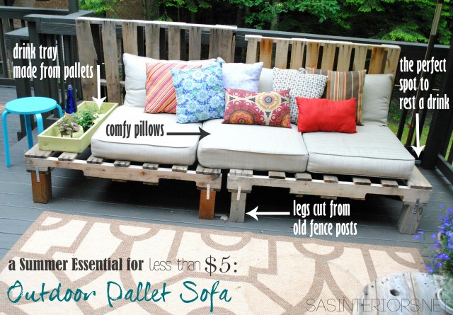 A Summer Essential for the patio or deck: an Outdoor Pallet Sofa - Easy to make and costs less than 5 dollars! 