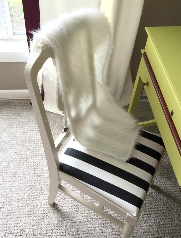 Easy Project, BIG IMPACT RESULT: Reupholstered Chair Seat. Completely NO EXPERIENCE NEEDED! All you need is a scrap piece of fabric (about 1/4 yard) + a staple gun. 2 minutes later, you're done. Change any chair NOW!