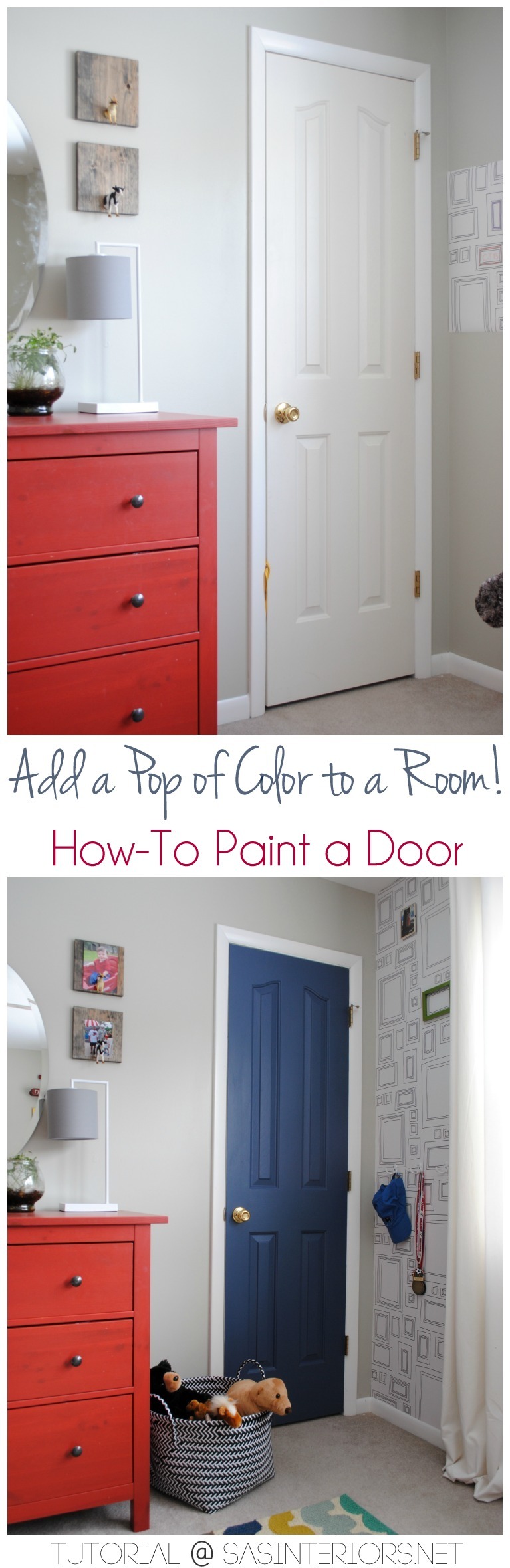 Add a Pop of COLOR by painting the door. Ditch the typical white (interior or exterior) door and add a splash of color. Check out this great how-to with 5 easy steps to transform a door!