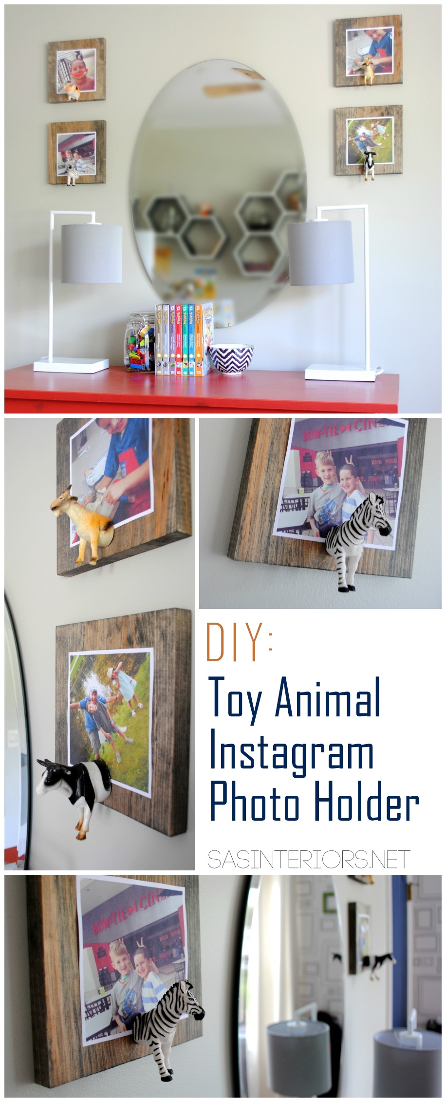 DIY: Toy Animal Instagram Photo Holder. So cute & easy to make. Perfect for a kids room or any eclectic space! Full tutorial at www.jennaburger.com