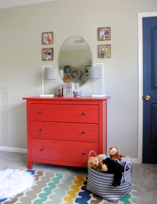 Boy Bedroom {MAKEOVER} - Gray walls, picture frame wallpaper, pops of orange & blue. The perfect space for a young boy to teen. You won't want to miss all the creative DIY ideas in this room!