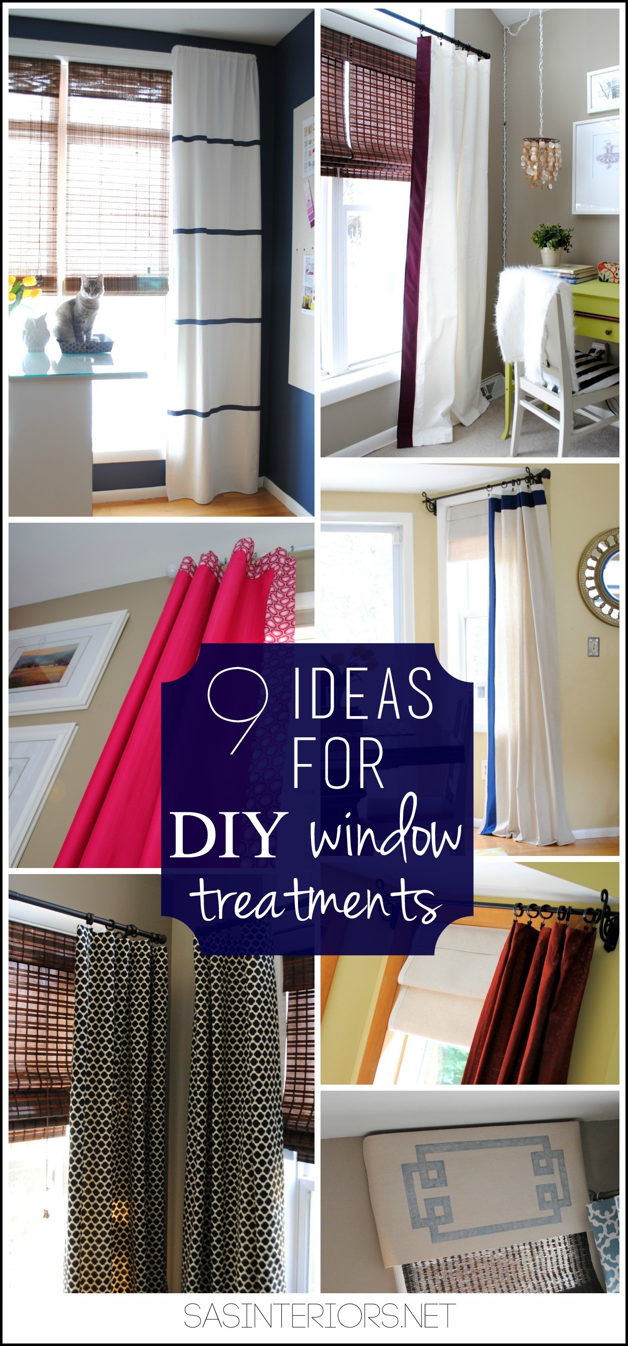 9 Ideas for DIY window treaments. Unique & Creative ideas for making your own window treatments and/or customizing store bought curtains. This is a must see post. All these window treatments are in ONE HOME!
