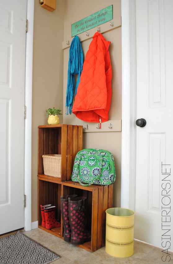 Get Organized! For an easy entry upgrade, add built-in coat hooks and wooden crates [easy do it yourself project] www.jennaburger.com