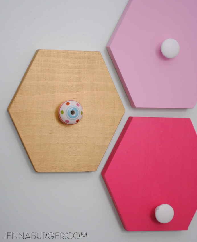 DIY Tutorial: Honeycomb shaped wall hooks [inspiration for many other fun + functional wall storage ideas] Tutorial by Jenna Burger Design www.jennaburger.com