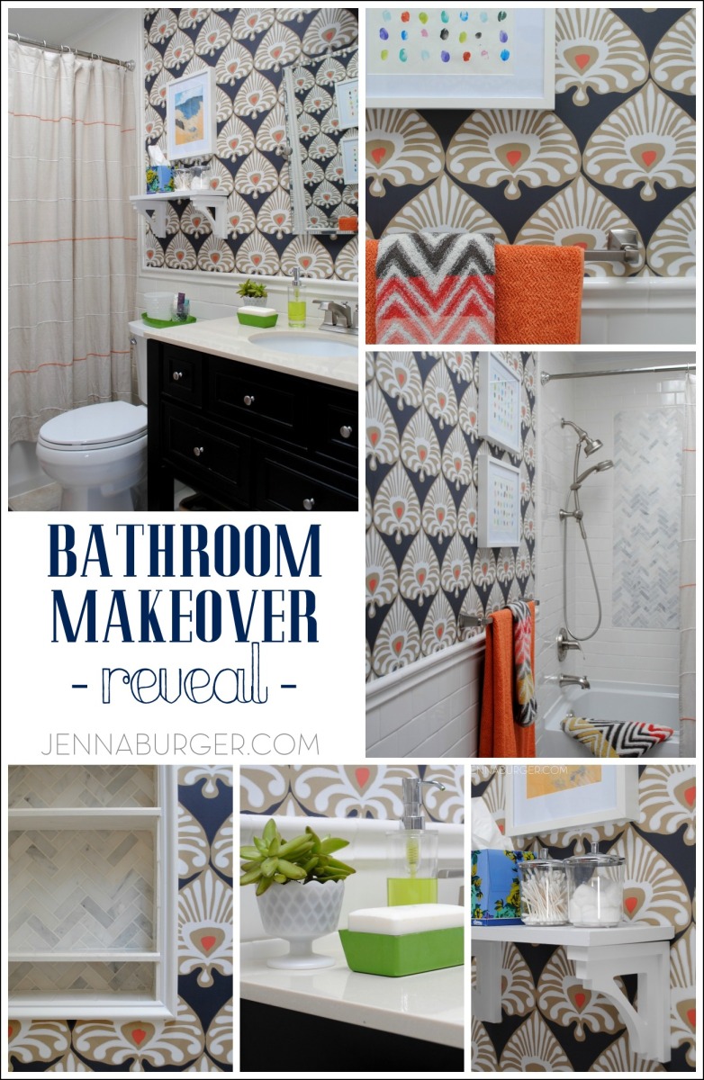 Bathroom Makover with 95% of the space being a DIY project - new tub + tile, vanity, wallpaper, and more!  Lots of details on this multi-post before & after.  Bathroom makeover by Jenna Burger Design www.jennaburger.com