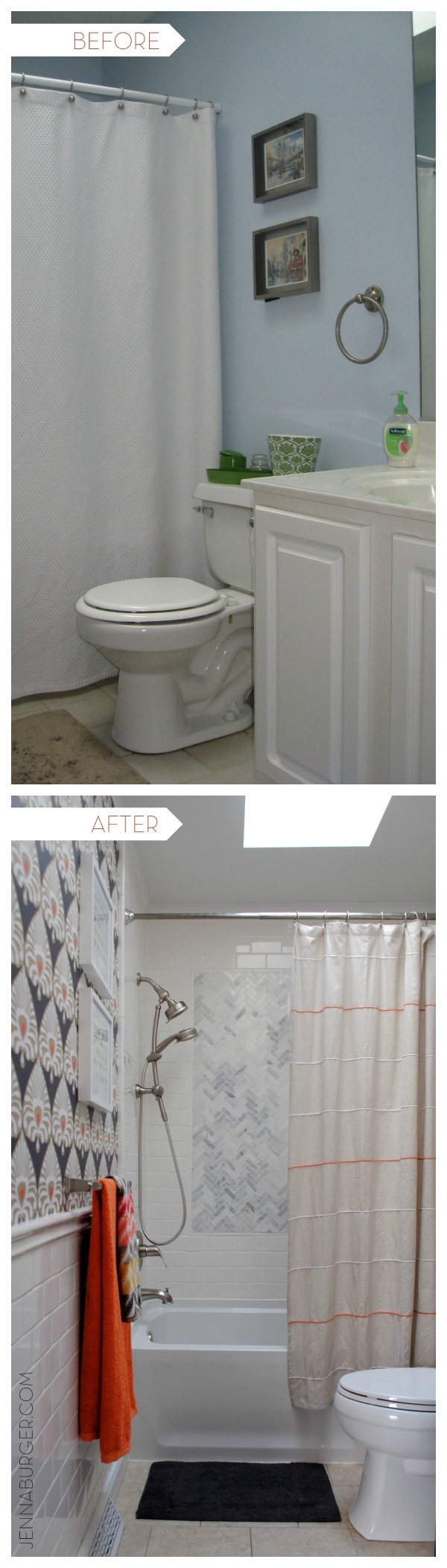 BEFORE & AFTER Bathroom Makover with 95% of the space being a DIY project - new tub + tile, vanity, wallpaper, and more!  Lots of details on this multi-post before & after.  Bathroom makeover by Jenna Burger Design www.jennaburger.com