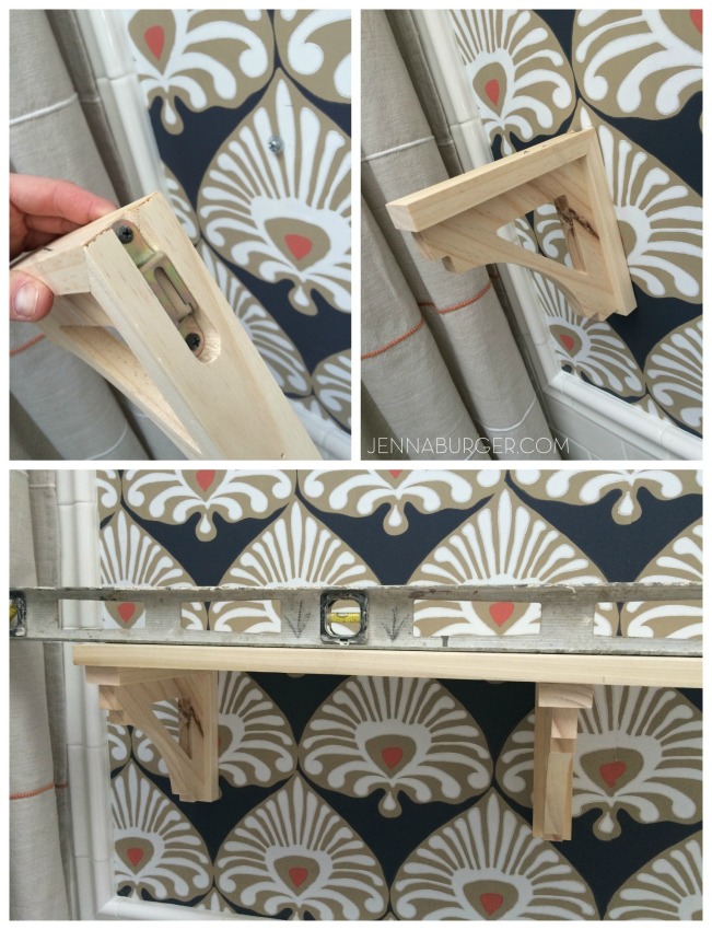 DIY: Creating a simple WOOD SHELF with decorative brackets.  Perfect for displaying + styling accessories and/or pictures!  Also great for picture gallery walls.  DIY by Jenna Burger Design, www.jennaburger.com