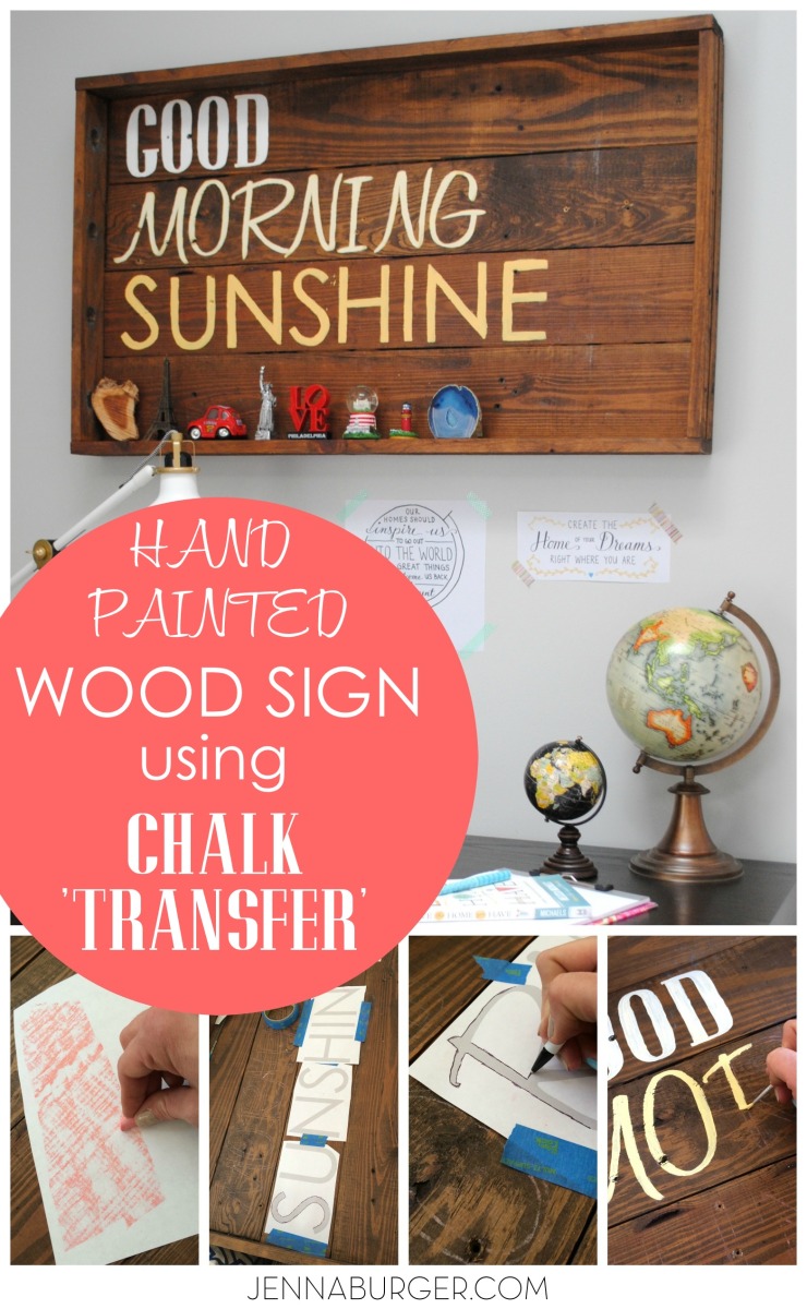 DIY tutorial: HAND PAINTED SIGN using CHALK to transfer design onto wood.   An easy + inexpensive technique to transfer letters or a custom design.  Easy-to-follow step by step by @Jenna_Burger, www.jennaburger.com