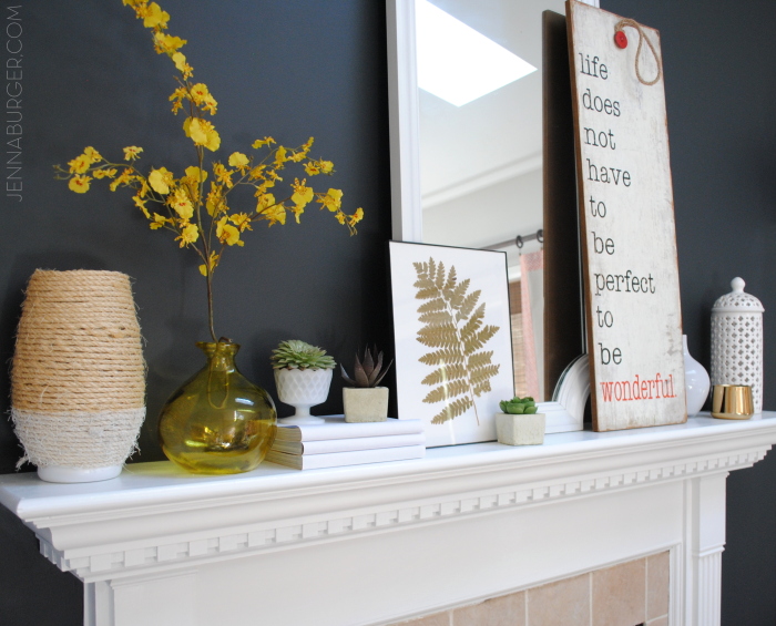 Simple accessories + Seasonal Succulents = A perfectly styled Spring Mantel.  Design by @Jenna_Burger. www.jennaburger.com