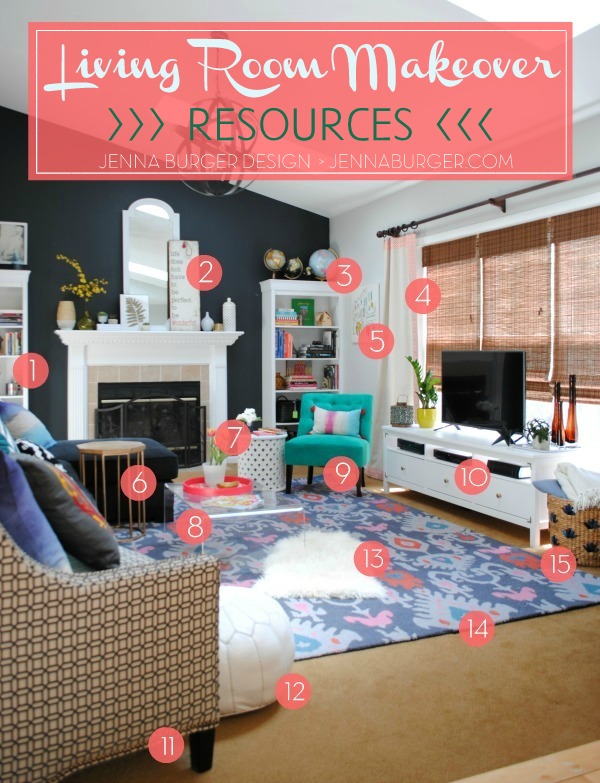 [RESOURCES] for the Living Room Makeover with bold black + pops of color [emerald, raspberry, coral, and light blue] Design by Jenna Burger Design, www.jennaburger.com