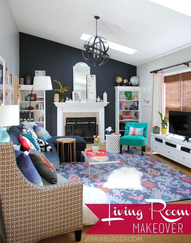 Living Room Makeover with bold black + pops of color - emerald, raspberry, coral, and light blue.  Design by Jenna Burger Design, www.jennaburger.com