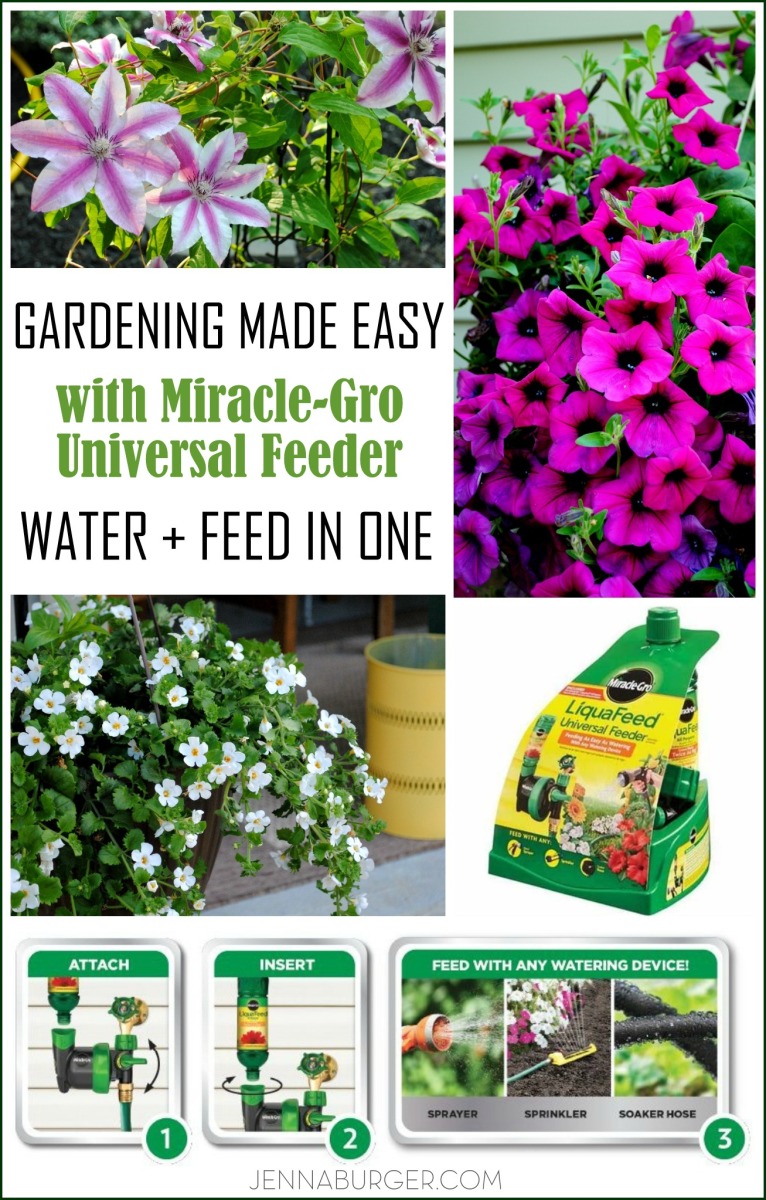 Gardening Made Easy with Miracle-Gro Universal Feeder where you can water + feed in one step!  So easy + fast.