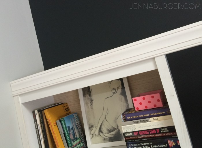 #DIY #Tutorial How-To Make a Laminate Bookcase Look Like a Custom Built-in Bookshelf.  A $1000 or more bookshelf for just about $100  - Similar Look, HUGE SAVINGS! Tutorial @ www.jennaburger.com