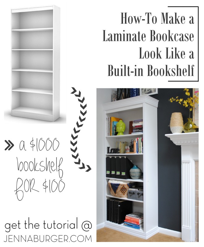 #DIY #Tutorial How-To Make a Laminate Bookcase Look Like a Custom Built-in Bookshelf.  A $1000 or more bookshelf for just about $100  - Similar Look, HUGE SAVINGS! Tutorial @ www.jennaburger.com