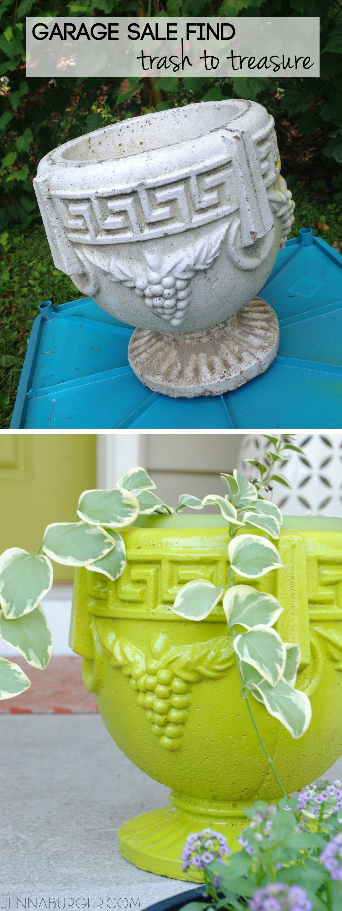 Before and After planter - $1 garage sale find transformed with Green Citrus spray paint