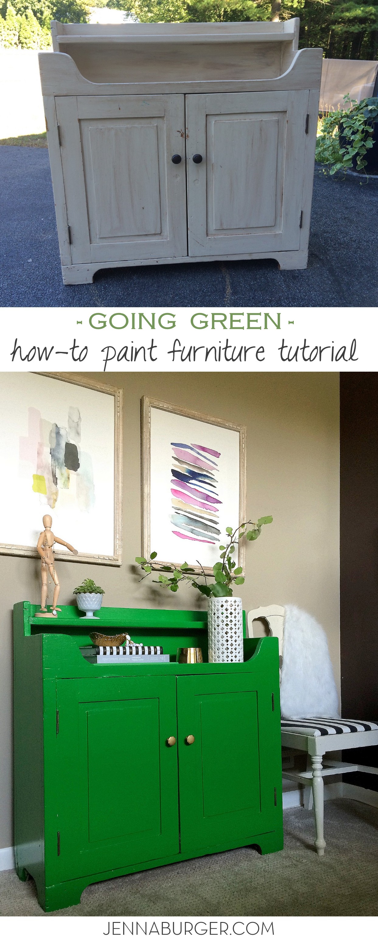 Furniture Makeover: TUTORIAL ON HOW-TO PAINT FURNITURE; before & after cabinet transformation by www.jennaburger.com