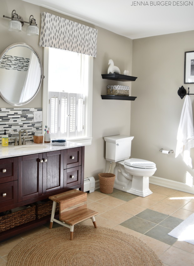 Budget BATHROOM RENOVATION Reveal: Before + After of this cool-toned cottage style bathroom by www.JennaBurger.com 