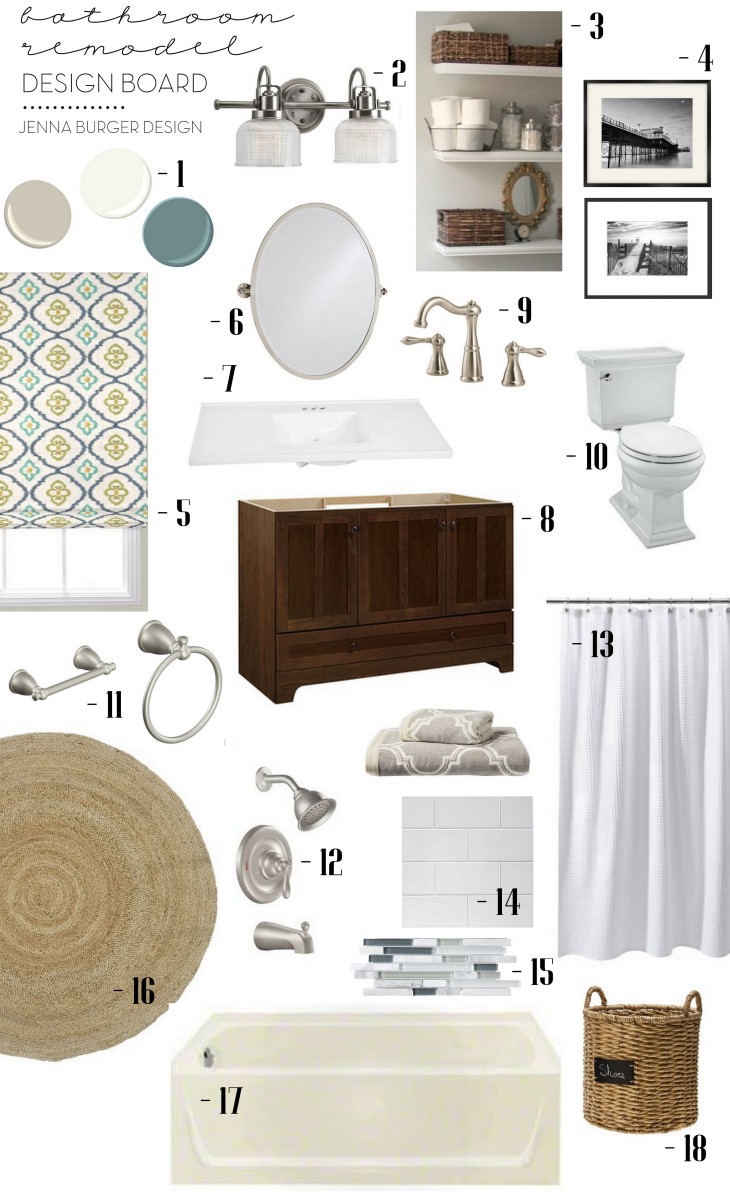 Design Board for the Budget BATHROOM RENOVATION Reveal: Before + After of this cool-toned cottage style bathroom by www.JennaBurger.com