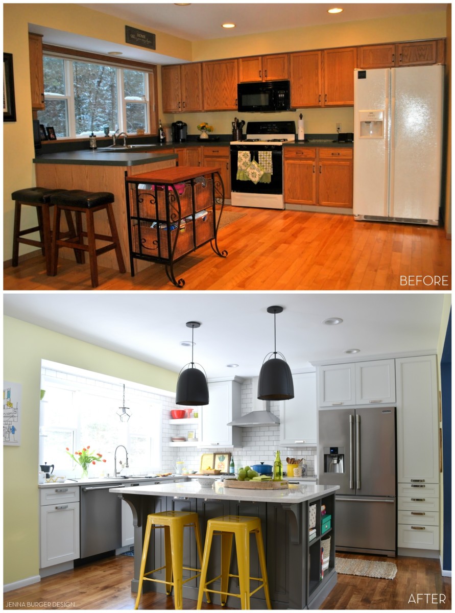 KITCHEN MAKEOVER REVEAL: before and after kitchen renovation with white & gray cabinets, open shelving, subway tile backsplash, quartz countertops, and layers of color. This kitchen is gorgeous! Check out the entire renovation process @ www.JennaBurger.com