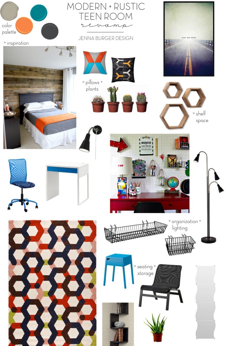 Teen Room Revamp: A pallet wall was added to the focal / bed wall and geometric patterns in bold colors were layered in. Check out more of this space + SOURCES @ www.JennaBurger.com