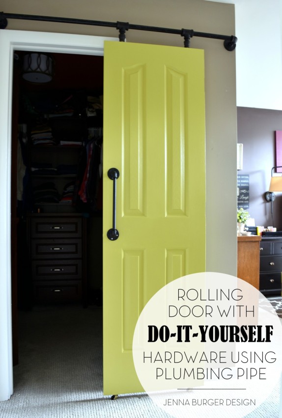 DIY: Rolling door hardware using plumbing pipe. Get the look + function of a rolling door for about $60. Custom size to fit your space. Tutorial by www.JennaBurger.com