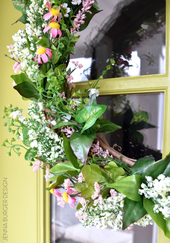 SPRING WREATH: A simple + easy 10-minute creation to adorn the front door. It couldn't be easier to make and a lot less expensive than buying. Easy-to-follow tutorial @ www.JennaBurger.com