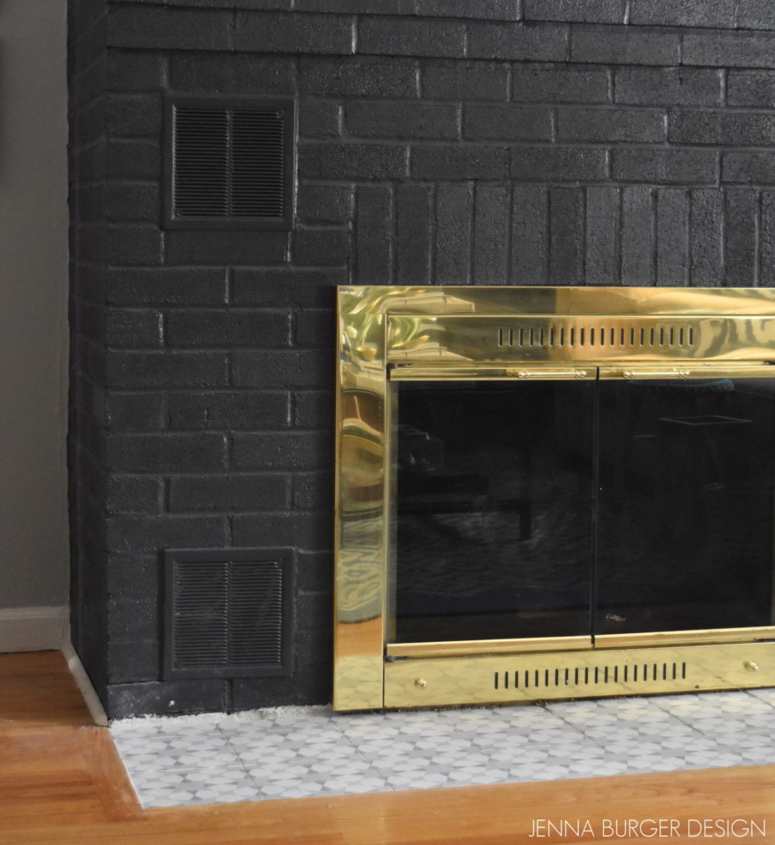 Do It Yourself: Painting a Brick Fireplace; Details on www.JennaBurger.com on how to paint a brick fireplace black!