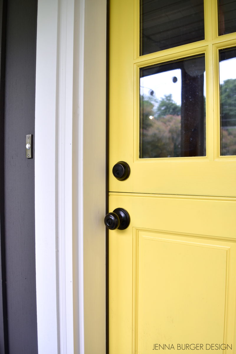 Exterior Renovation with new paint color, yellow dutch door, and screened porch.  Remodel designed by Jenna Burger Design, www.JennaBurger.com
